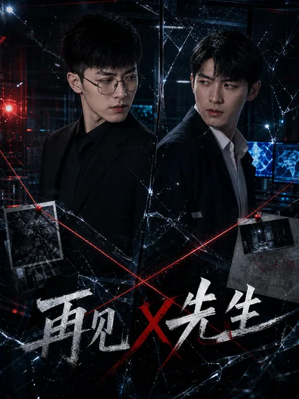 碎玻璃与红线构图的《再见X先生》悬疑短剧海报
